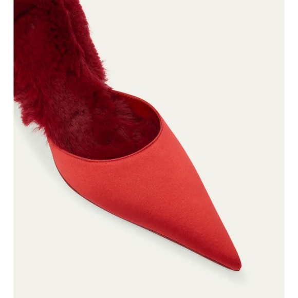 Christian Louboutin KM Faux Fur Satin Mule Pumps in Red - Picture 8 of 9